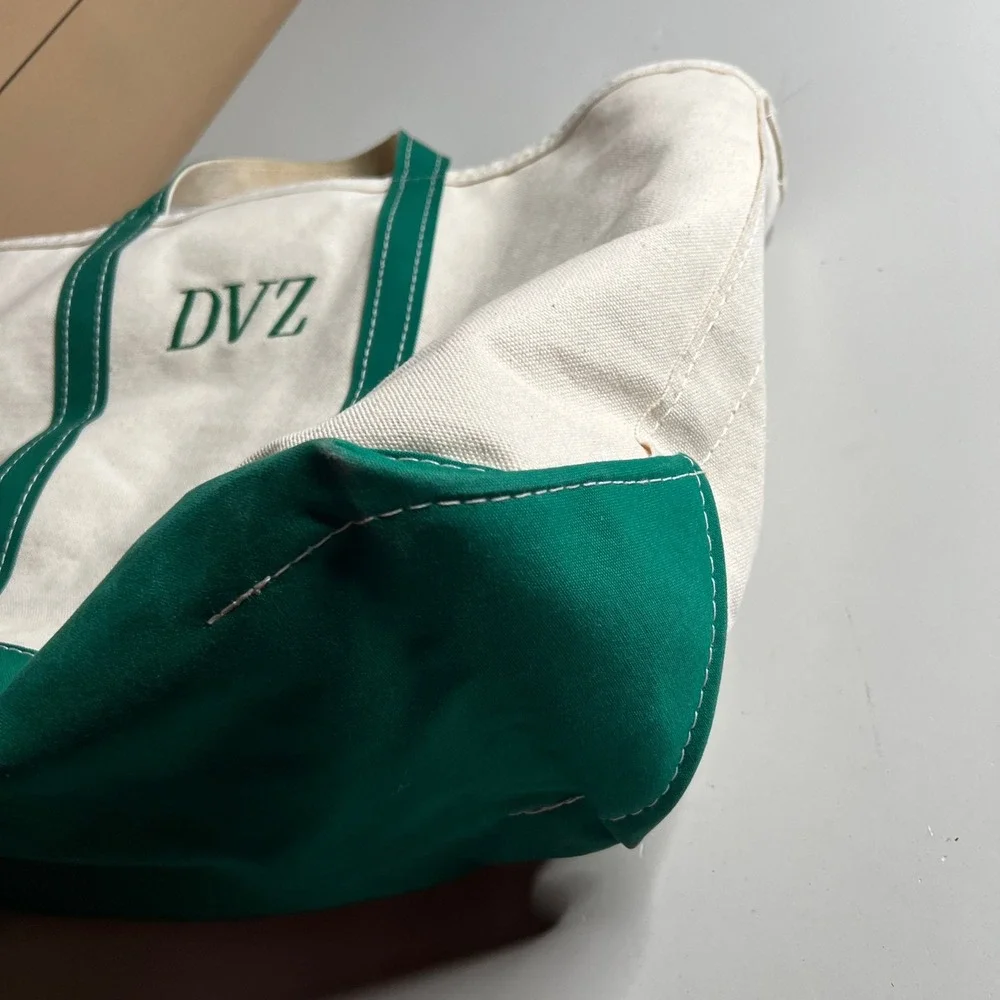 LL Bean Boat and Tote Zip Top Canvas Bag‎ Green Cream DVZ Monogram Large
